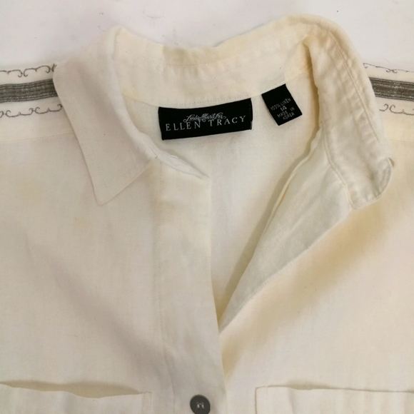 80s Vintage crisp white linen embroidered with silver yoke shirt dress - Picture 9 of 11